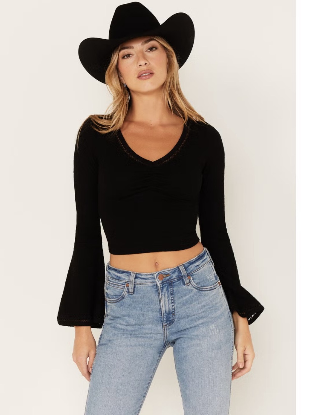 Shyanne Black V-Neck Long-Sleeve Crop Top with Bell Sleeves
